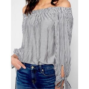 It Girl Striped Off Shoulder Puff Sleeve Tie Cuff 3/4 Sleeve Blouse Black White